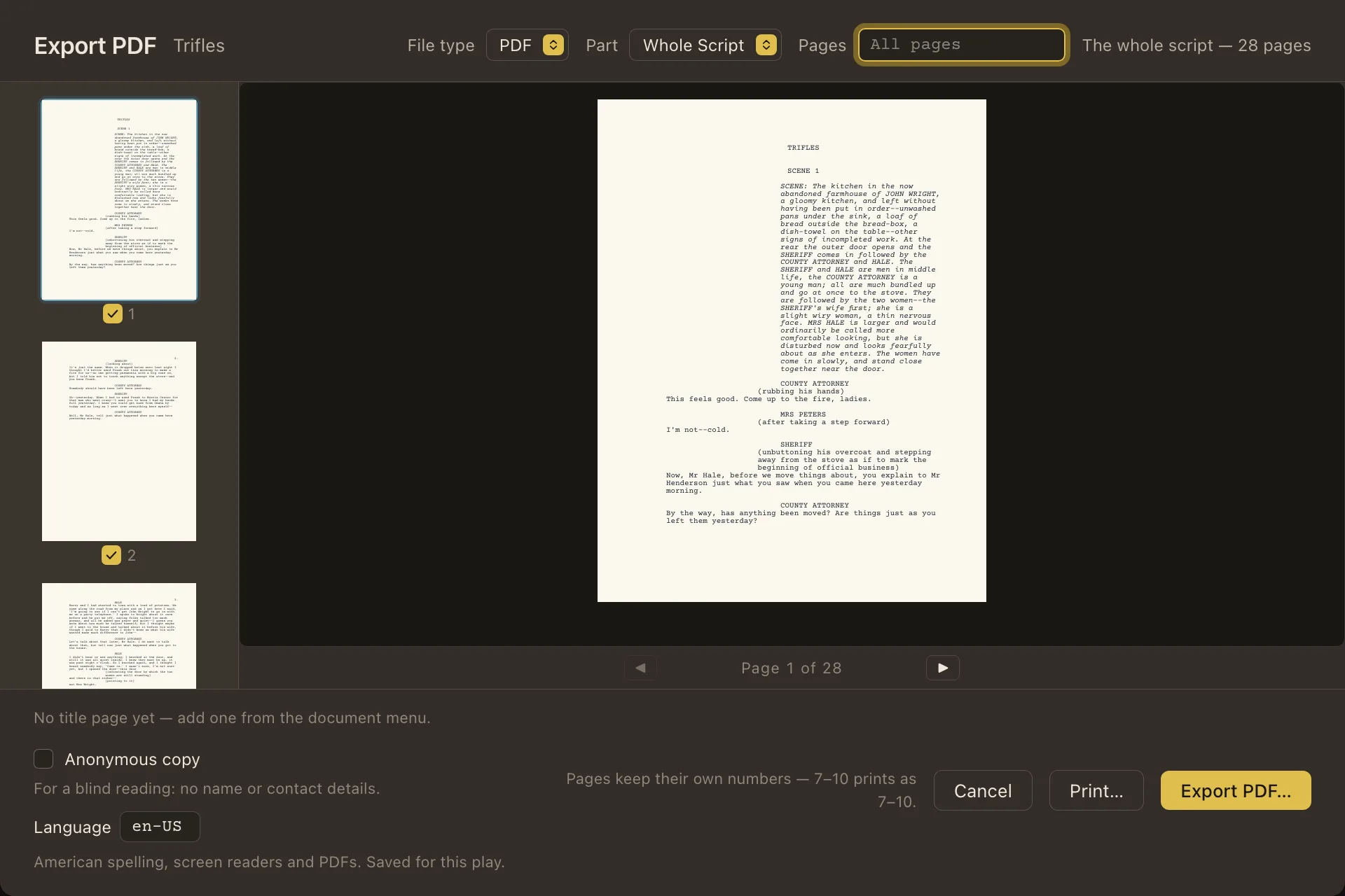 The Export PDF window, with page thumbnails and a preview of the first page of Trifles.