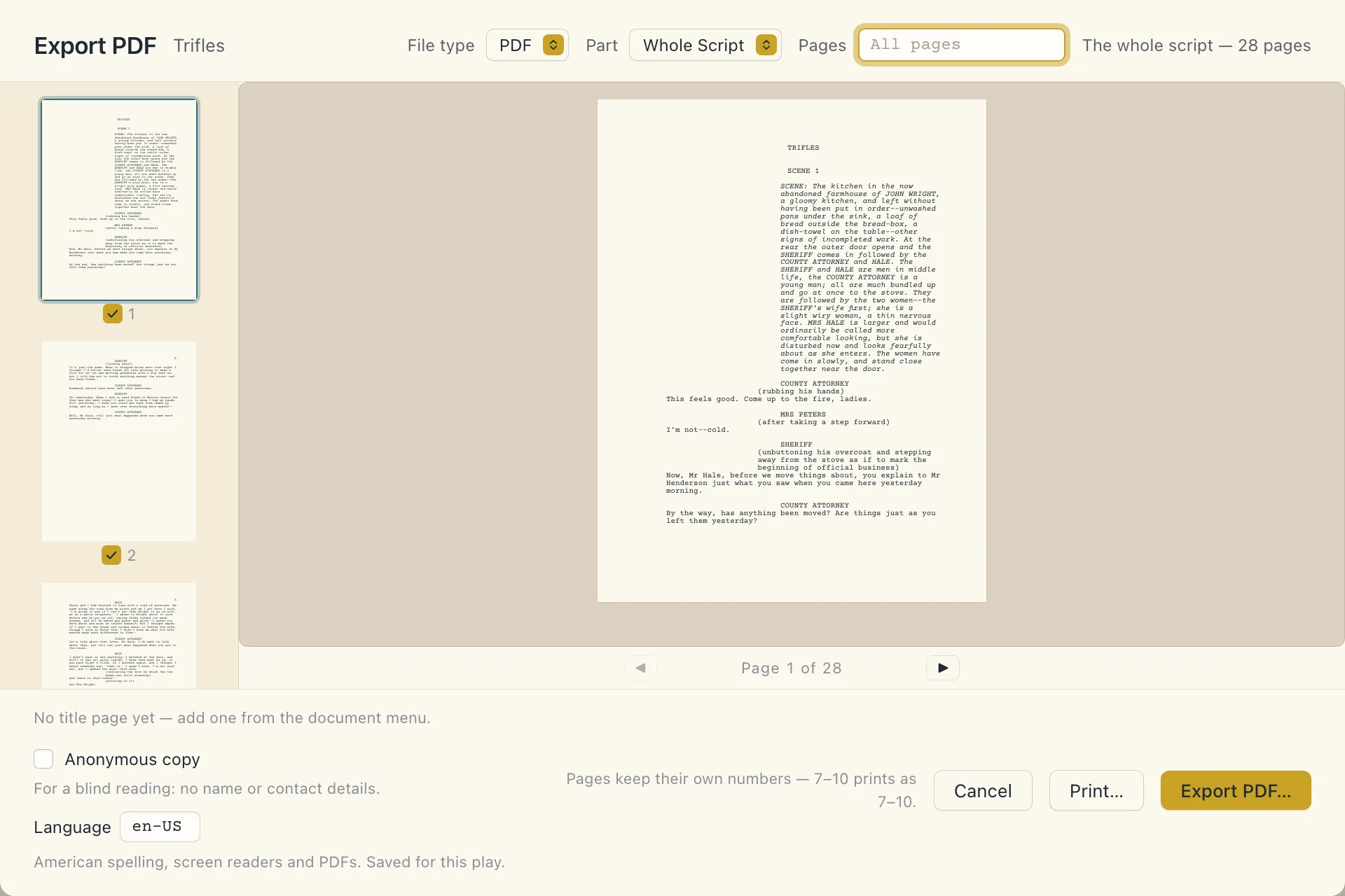 The Export PDF window, with page thumbnails and a preview of the first page of Trifles.